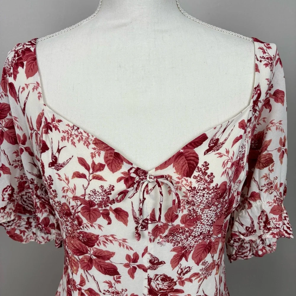 Reformation‎ Top 18 Red Cream Delevan Sweetheart Floral Puff Sleeve Blouse
